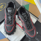 Unisex luxury shoes, lace-up dark sneakers with red accents; branded heel tab