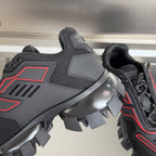Unisex luxury shoes, close-up of dark side and heel with red trim and lug outsole