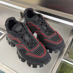 Unisex luxury shoes, pair view; dark knit panels, red lines, chunky platform tread