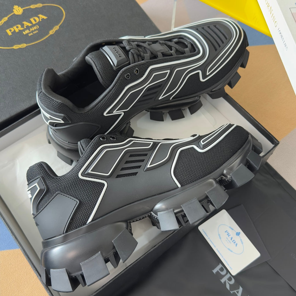 Prada unisex sneakers, black with white graphic trim and high-grip chunky outsole