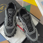 Prada unisex sneakers, black leather-look and mesh with white piping and lug sole