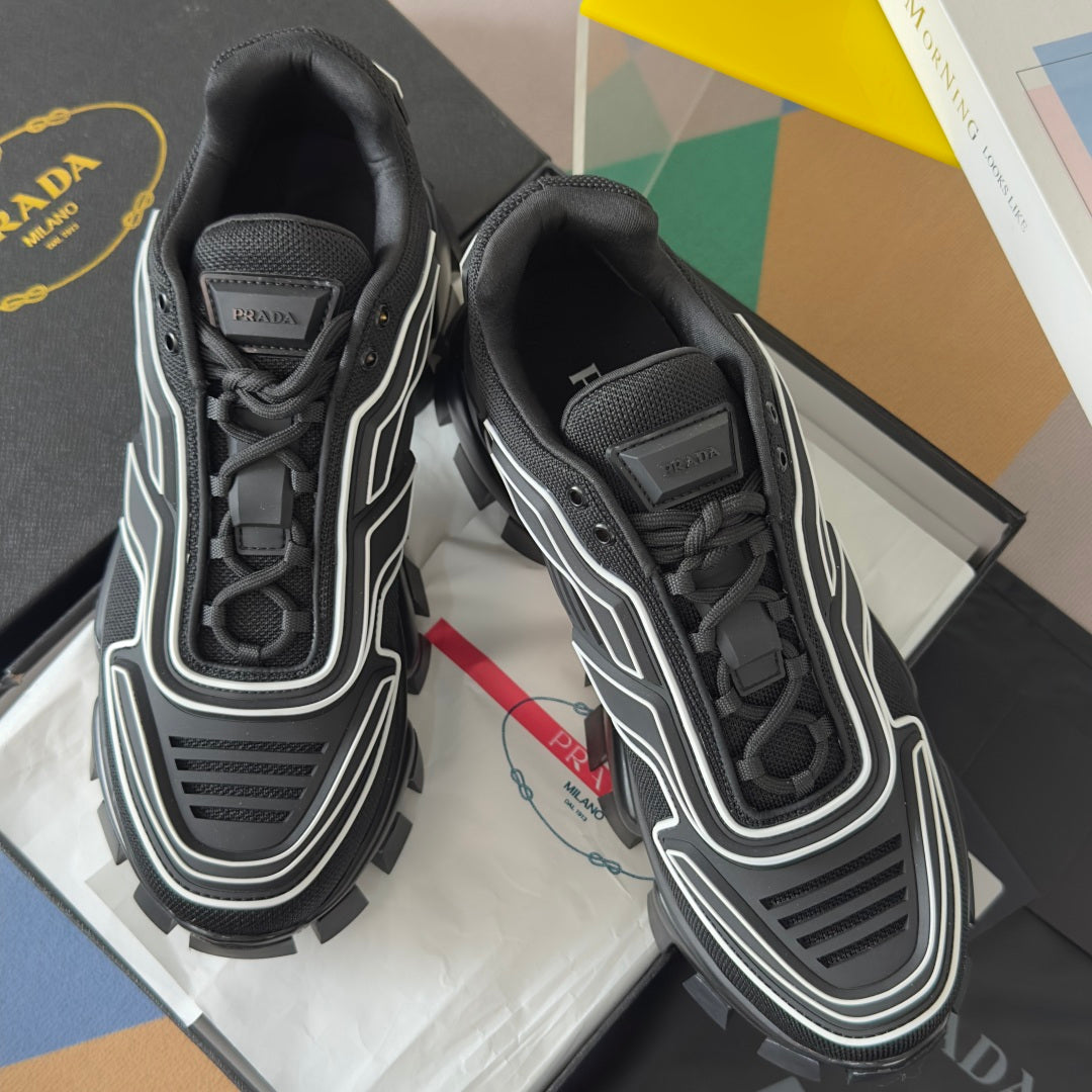 Prada unisex sneakers, black leather-look and mesh with white piping and lug sole