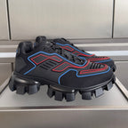 Prada unisex sneakers with dark mesh upper, blue and red trim, chunky lug sole