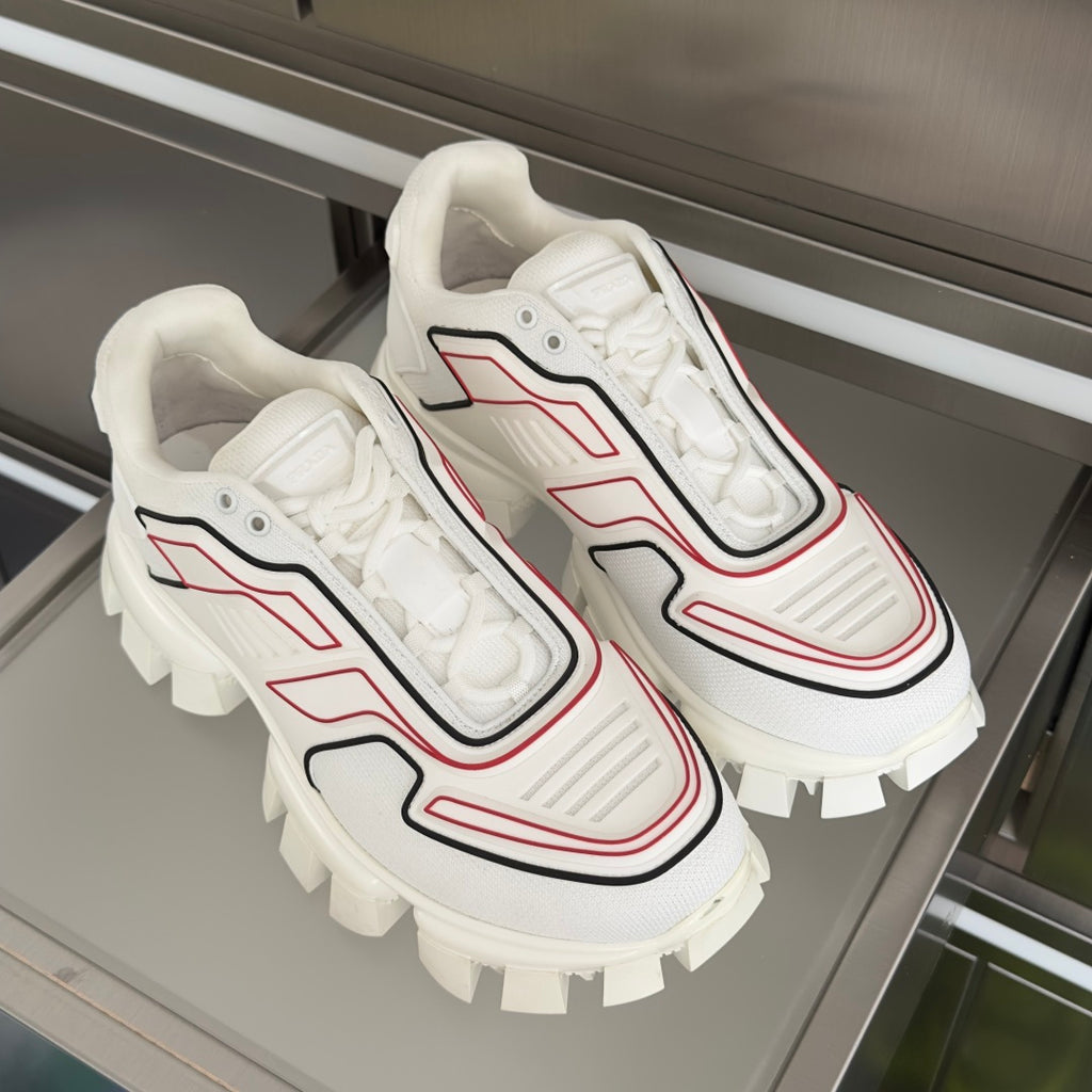 White unisex sneakers, lace-up with red and black trim and rugged lug sole