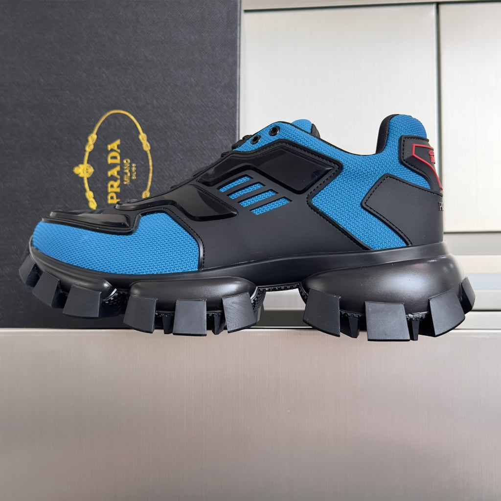 Blue and black unisex Prada sneakers with thick platform sole and lace-up