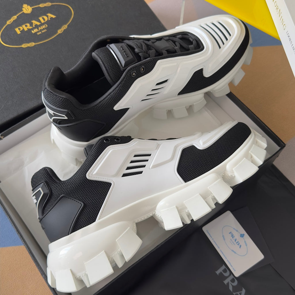 Prada unisex sneakers, black and white high-stance with oversized blocky tread sole