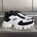Prada unisex sneakers, black and white, chunky white tread sole and logo panels