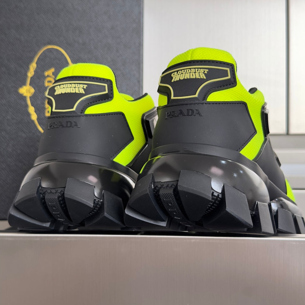 Prada unisex sneakers heel view, neon green and black with cushioned collar