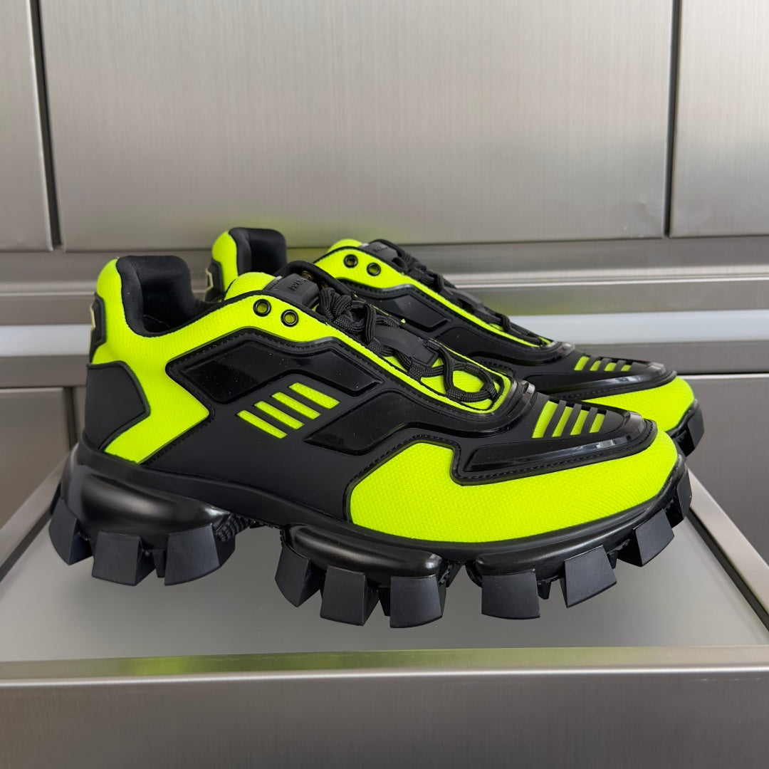 Prada unisex sneakers in neon green and black, chunky lug sole and straps