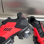 Prada unisex sneakers, close-up side with red panel and black laces