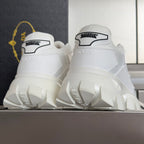 White sneaker heel view with molded back panel and tall block tread