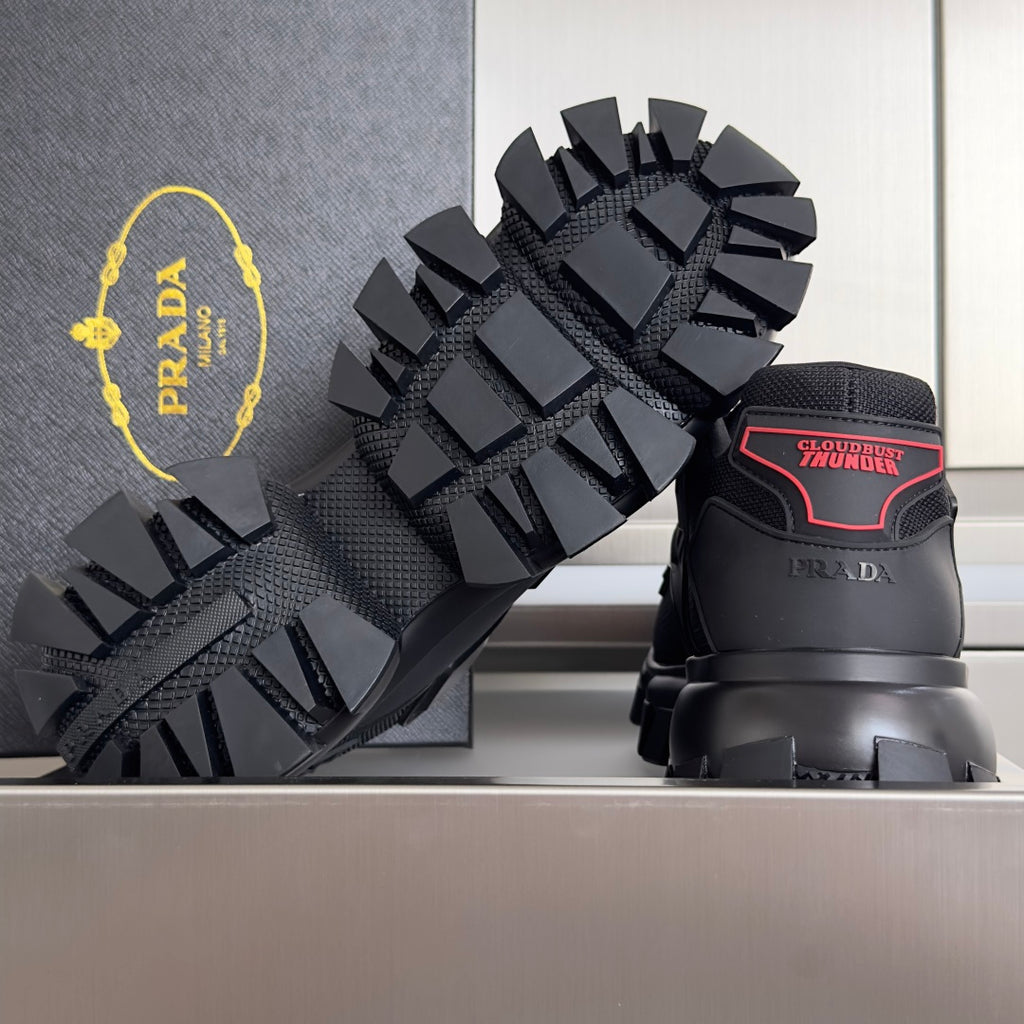 Prada unisex sneakers outsole and heel view with “Cloudburst Thunder” label