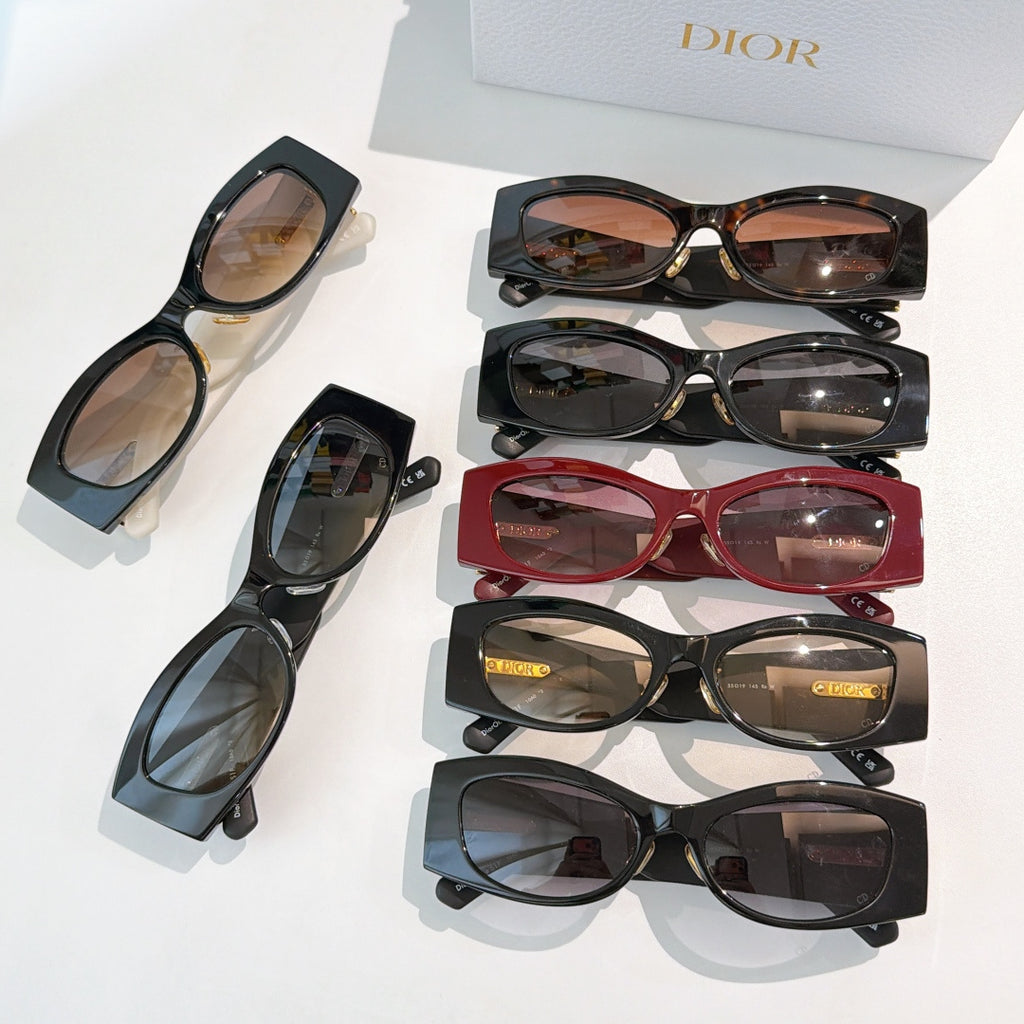 Dior sunglasses collection with assorted black, red, and tinted frames