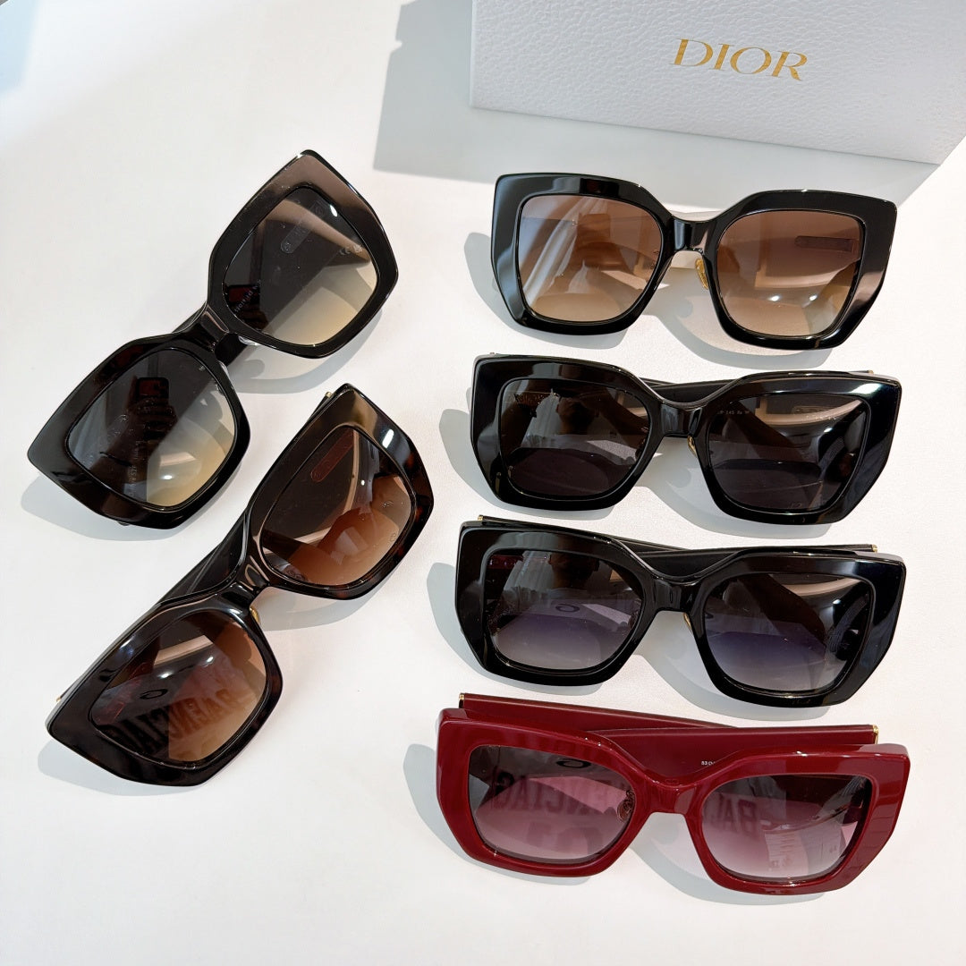 Assorted Dior sunglasses set showing multiple frame colors including black, brown, and red