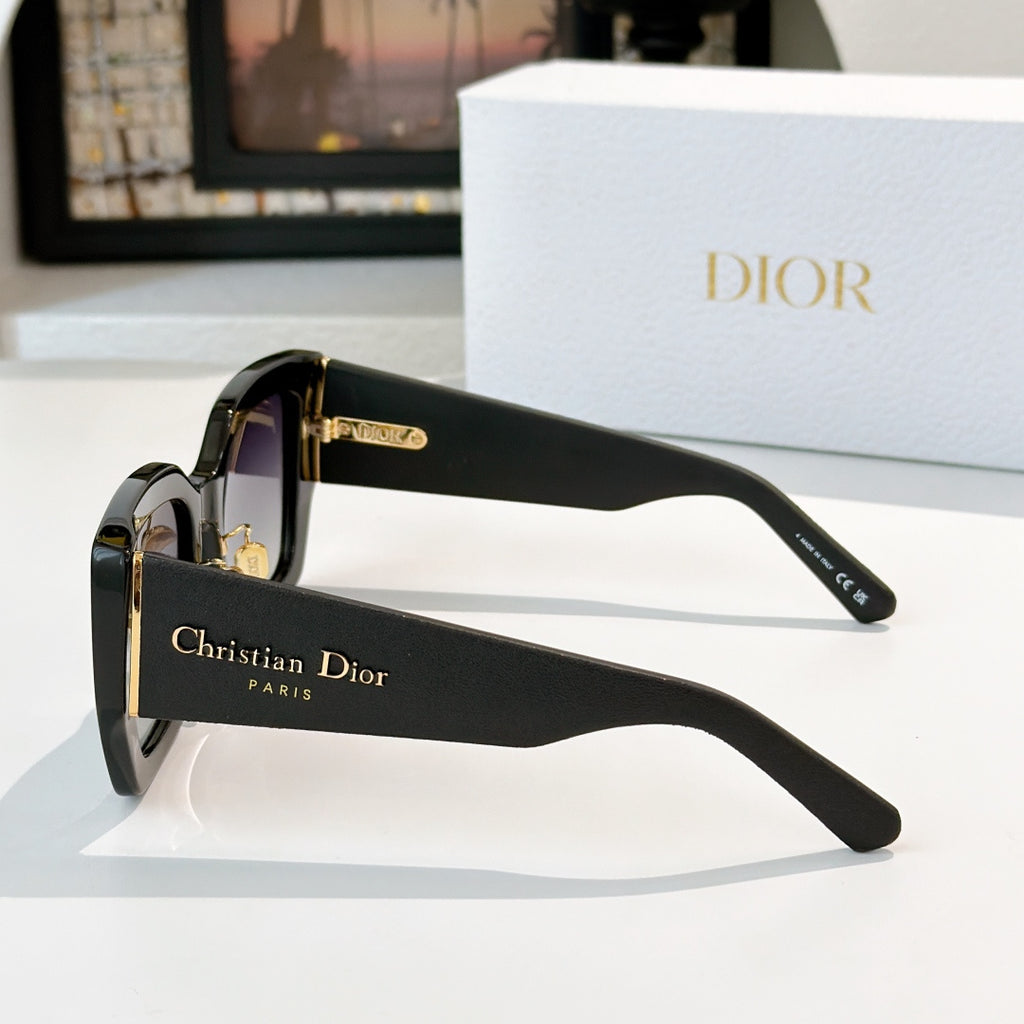 Dior sunglasses side view with black frames and gold logo on the temple