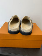 Louis Vuitton beige monogram sandals, back view showing heel and strap hardware