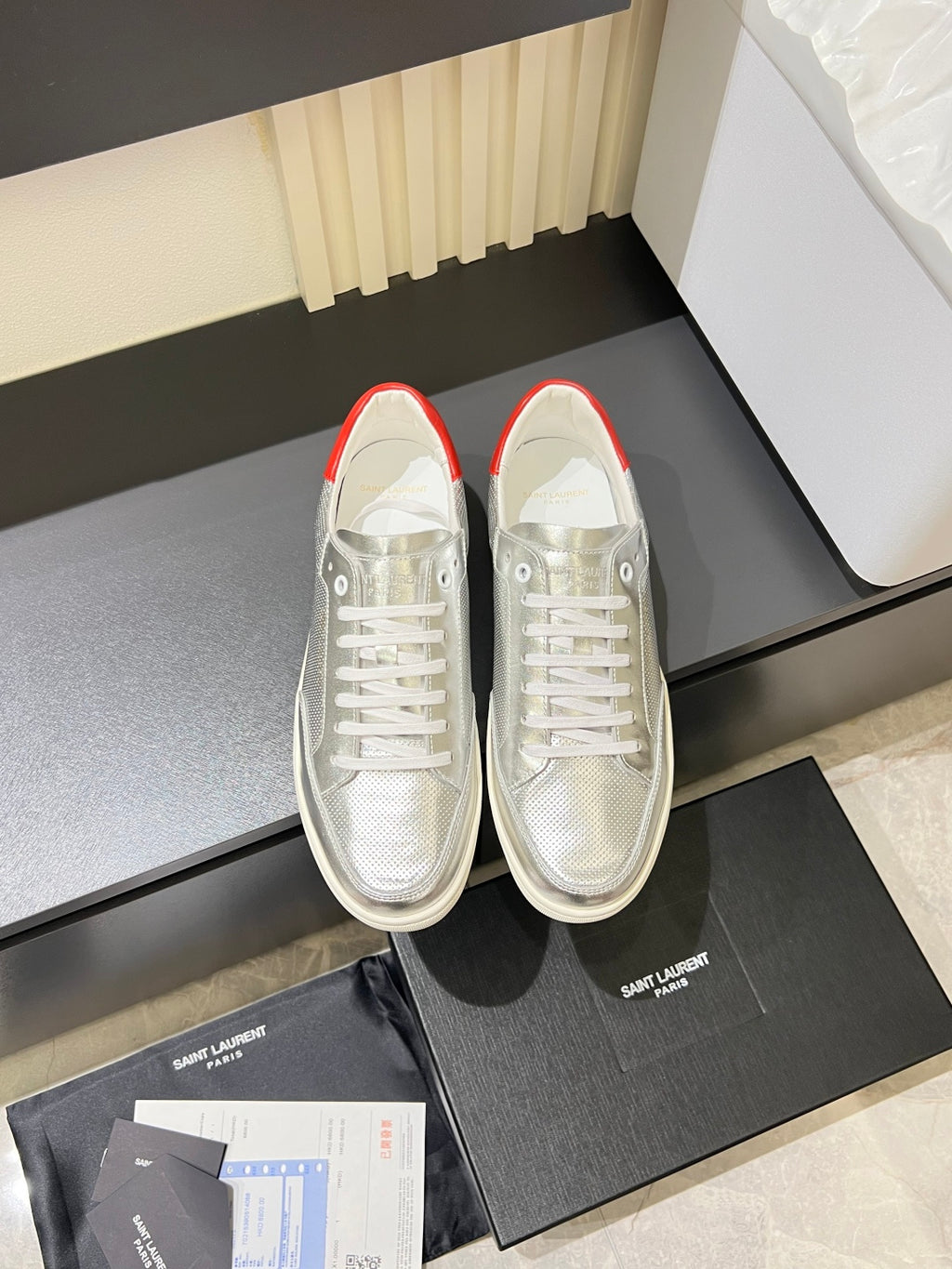 YSL unisex low-top sneakers, silver mesh with red heel lining and white rubber sole