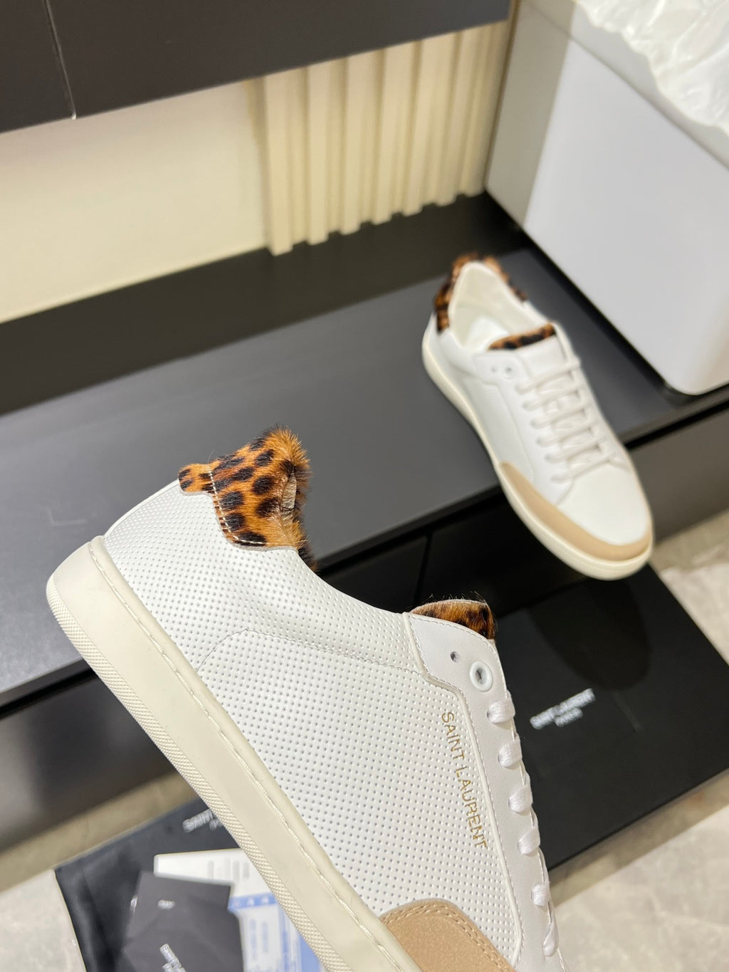 YSL unisex sneakers, white textured upper with leopard print detailing at heel area