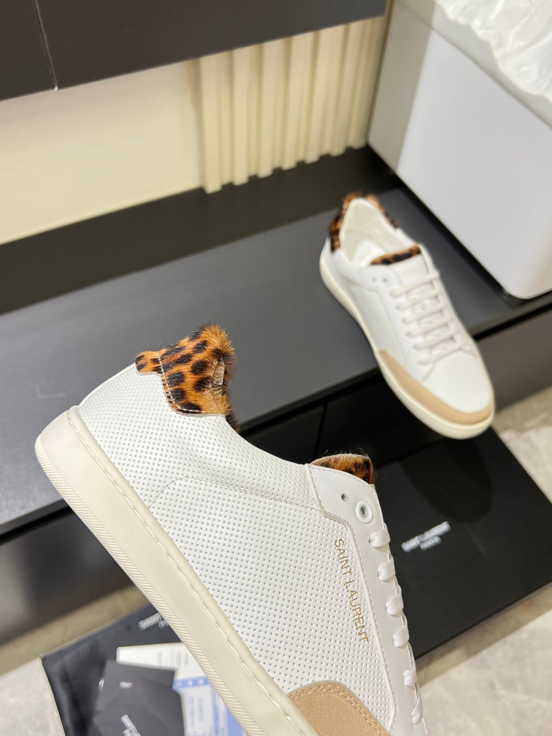 YSL unisex sneakers, white textured upper with leopard print detailing at heel area