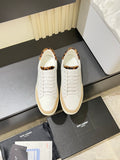 YSL unisex leather sneakers, white with leopard print lining and tan soles, lace-up