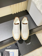 YSL unisex leather sneakers, white with leopard print lining and tan soles, lace-up