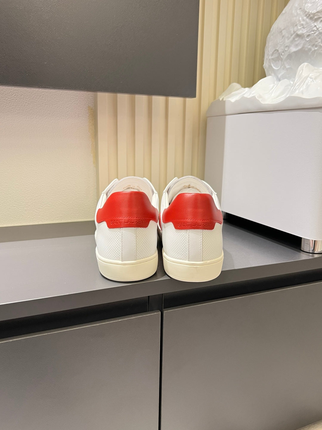 YSL unisex sneakers, white uppers with red heel tabs and cream midsoles