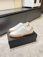 Unisex low-top sneakers, white lace-up with tan gum sole and off-white lining