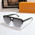 Black acetate sunglasses with gray lenses and monogram temples.