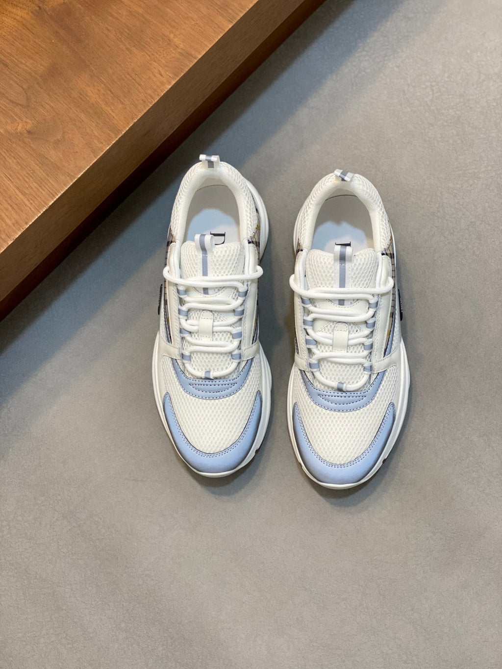 Dior unisex low-top sneakers, white with light blue accents and plaid details