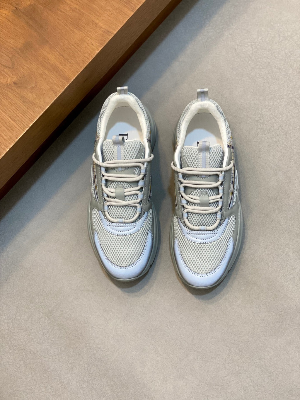 Light blue mesh lace-up sneakers with chunky sole and blue plaid side detail