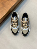 Unisex lace-up sneakers in beige mesh with navy and white accents, chunky sole