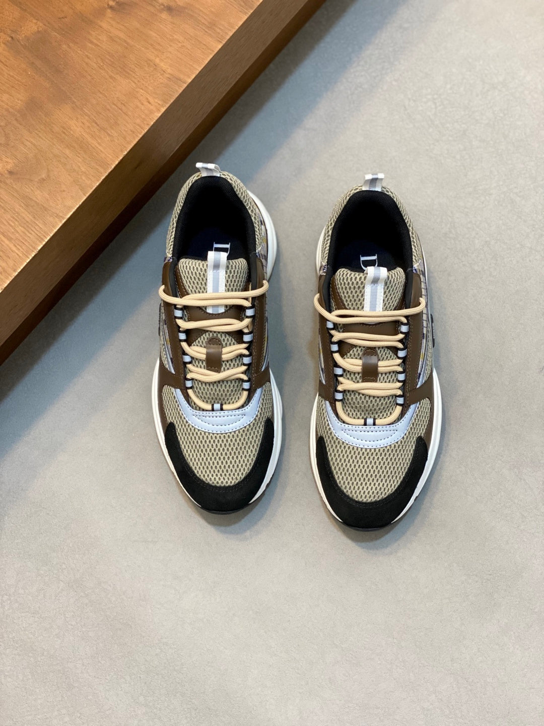 Unisex lace-up sneakers in beige mesh with navy and white accents, chunky sole