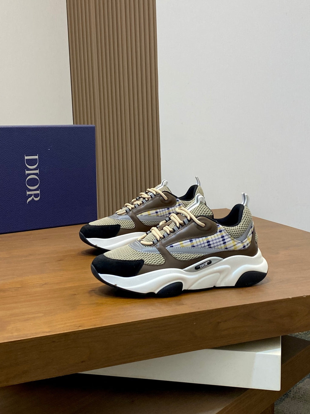 Unisex lace-up sneakers, beige plaid and navy accents, thick white sole