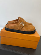 Louis Vuitton monogram sandal, tan upper with wide strap and silver buckle