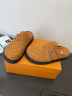 Louis Vuitton monogram sandal on box, tan straps with silver buckle and black sole