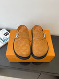 Louis Vuitton monogram sandal in tan with black rubber sole and silver buckle