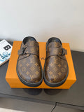 Louis Vuitton monogram sandals with adjustable side strap and dark rubber sole