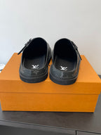 Louis Vuitton monogram sandals, back view of dark gray slides with buckle
