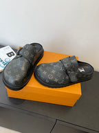 Louis Vuitton monogram sandals, pair shown with dark gray adjustable strap