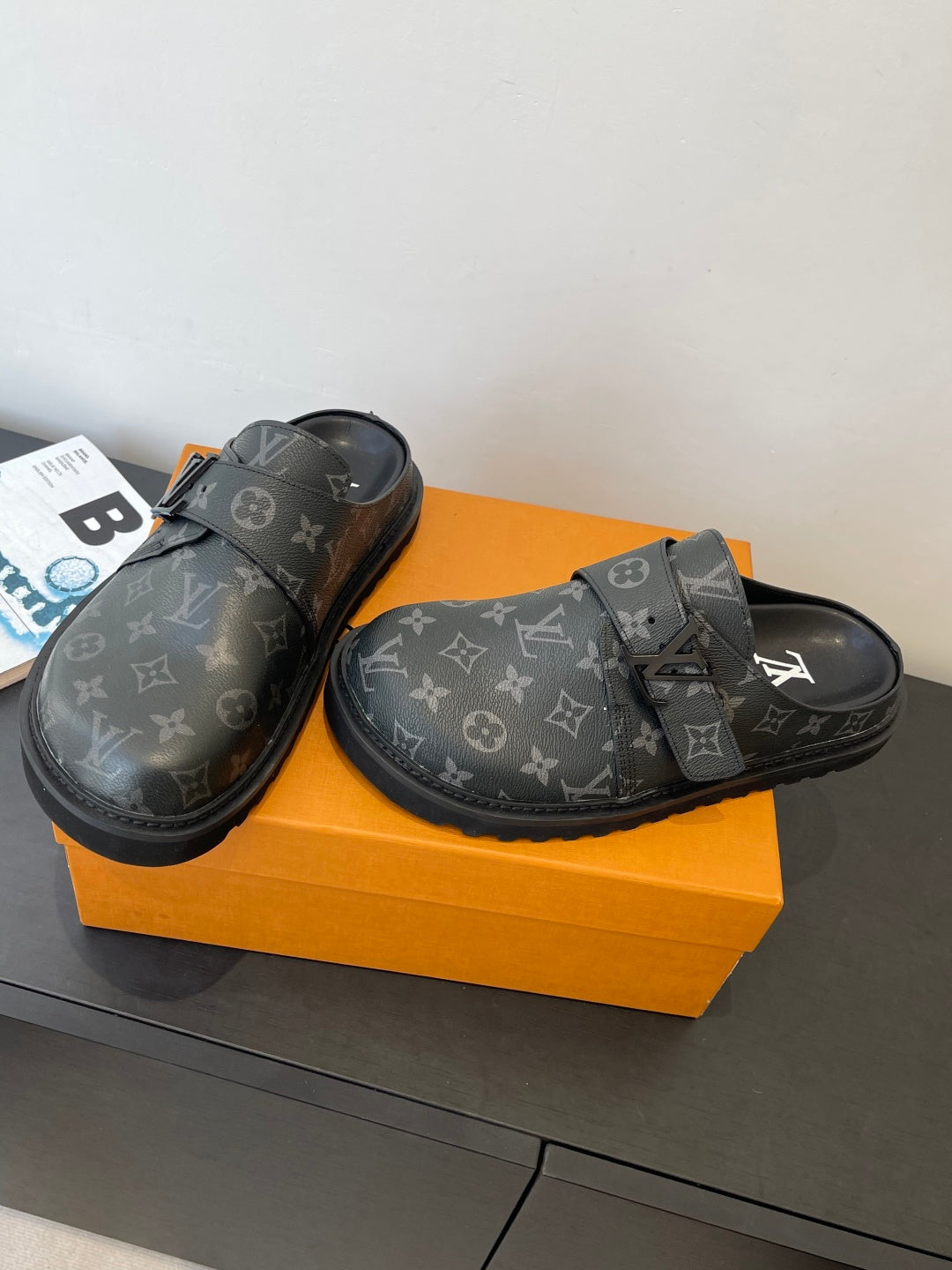 Louis Vuitton monogram sandals, pair shown with dark gray adjustable strap