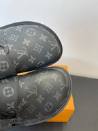 Louis Vuitton monogram sandals, footbed and vamp detail in dark gray pattern