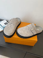 Louis Vuitton monogram slide sandals, pair view of beige canvas with buckle strap