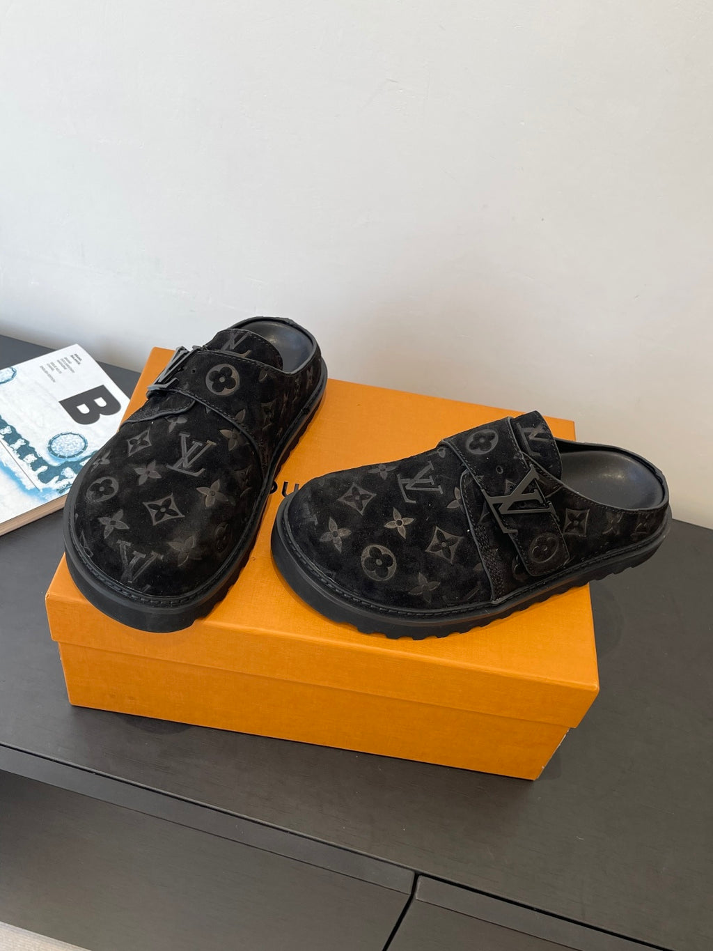 Louis Vuitton black monogram slide sandals, pair view with adjustable strap