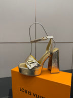Louis Vuitton ladies metallic heeled sandal with T-strap and chunky heel, side view