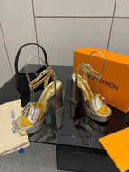 Louis Vuitton ladies metallic platform heeled sandal, front view with ankle strap