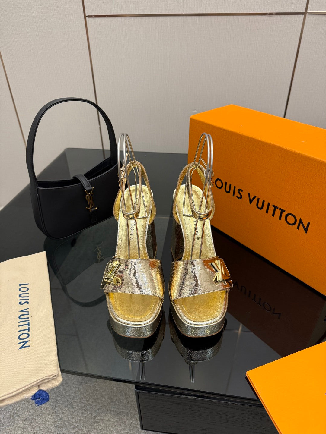Louis Vuitton ladies metallic platform heeled sandal with T-strap and ankle sling