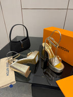 Louis Vuitton ladies metallic platform heeled sandals, side-by-side pair with block heel