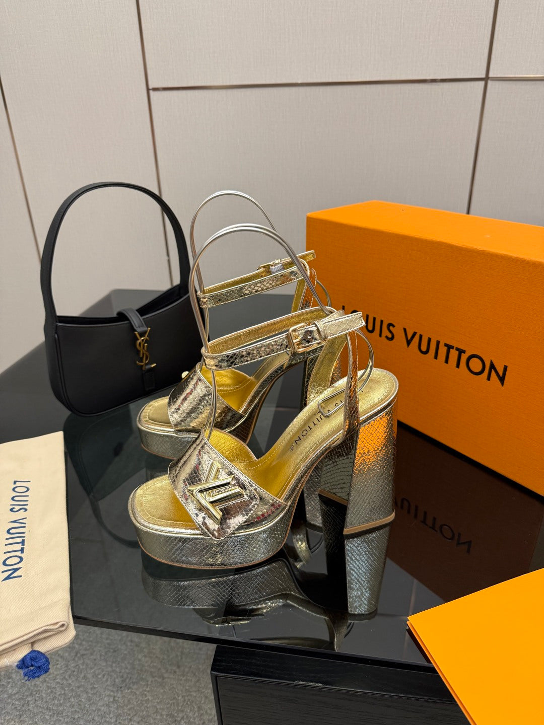Louis Vuitton ladies metallic platform heeled sandal, open toe with chunky block heel