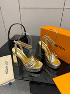 Louis Vuitton ladies metallic platform heeled sandal, side view with T-strap detail