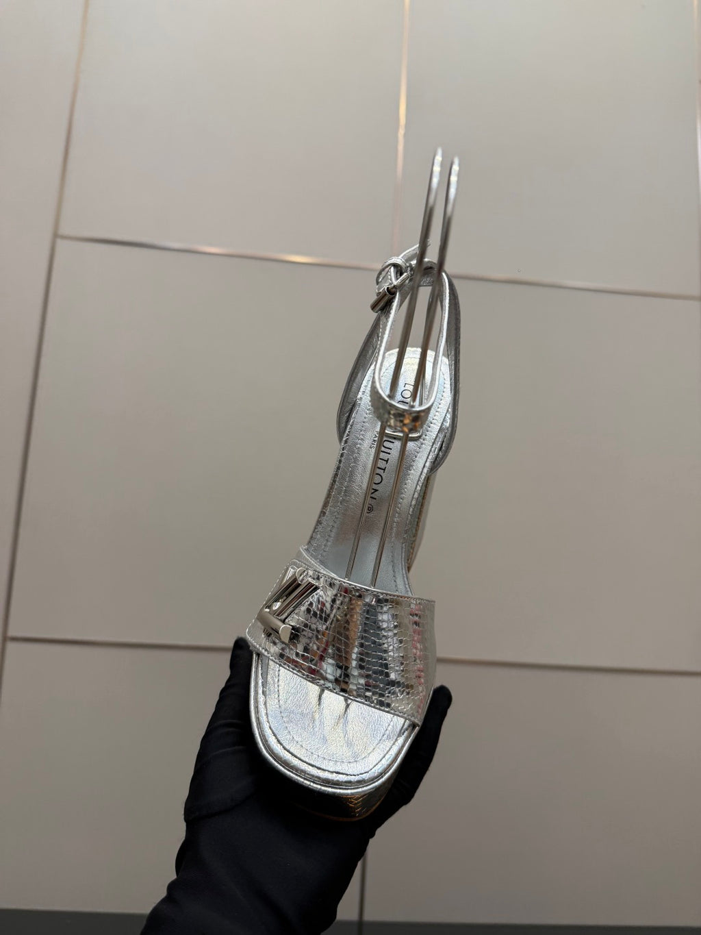Ladies' Louis Vuitton heeled sandal, silver metallic upper and foot strap